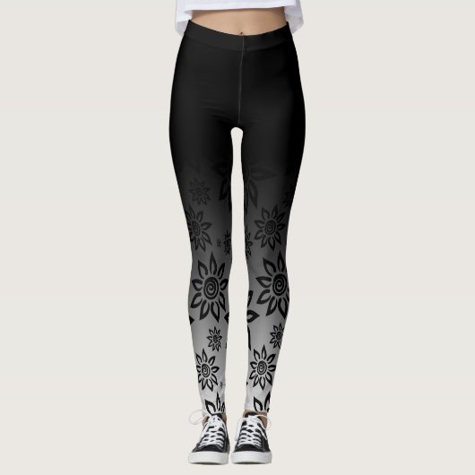 Zwart & Wit Bloemen Grafisch Patroon Ombre Leggings (Voorkant)