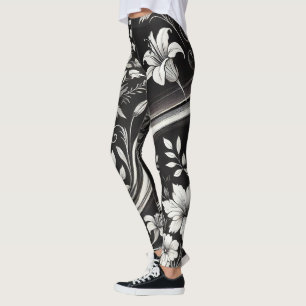 Zwart-wit Bloemen Gym Draag Leggings