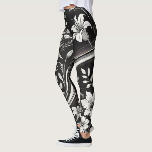 Zwart-wit Bloemen Gym Draag Leggings (Links)