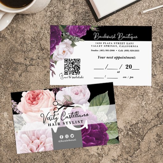 Zwart-wit Bloemen Haar Stylist Afspraak QR Visitekaartje