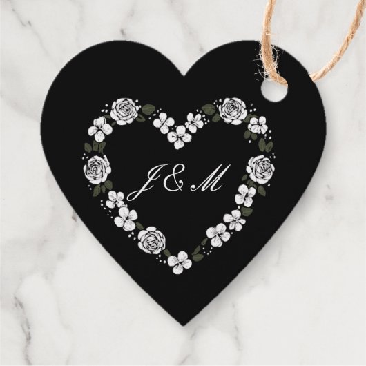 Zwart & Wit Bloemen Hart Trouw Favoriet Doos Bedankjes Labels (Achterkant)