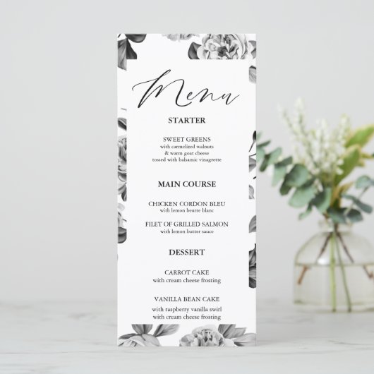 Zwart-wit Bloemen Huwelijk  Menu (Staand voorkant)