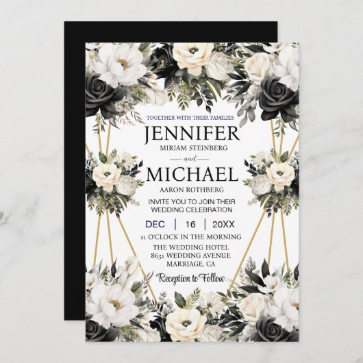 Zwart-wit Bloemen Huwelijksuitnodigingen Kaart (Voorkant / Achterkant)