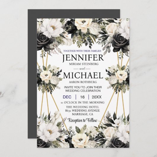 Zwart-wit Bloemen Huwelijksuitnodigingen Kaart (Voorkant / Achterkant)
