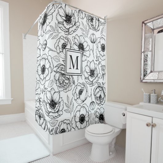 Zwart Wit Bloemen Initiaal Monogram Douchegordijn (In situ)