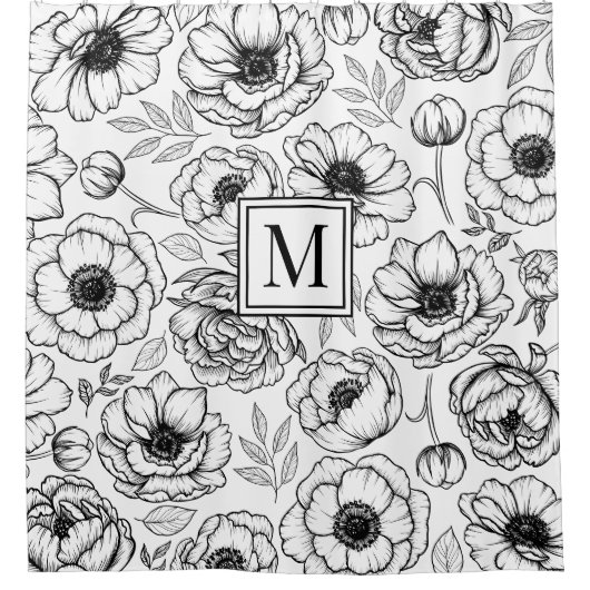 Zwart Wit Bloemen Initiaal Monogram Douchegordijn (Voorkant)