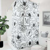 Zwart Wit Bloemen Initiaal Monogram Douchegordijn