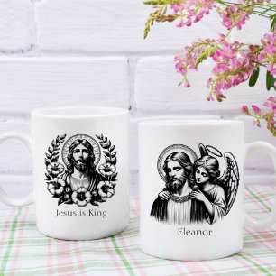 Zwart Wit Bloemen Jezus Christus Beschermengel Koffiemok