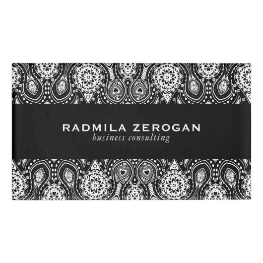 Zwart & Wit Bloemen Kant Lijst Naambadge (Voorkant)