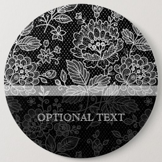 Zwart & Wit   Bloemen Kant Patroon Ronde Button 6,0 Cm (Voorkant)