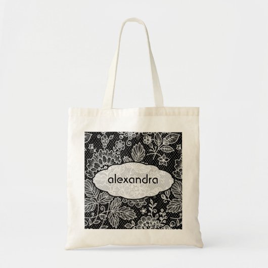 Zwart & Wit   Bloemen Kant Patroon Tote Bag (Voorkant)