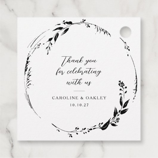 Zwart Wit Bloemen Krans Bruiloft Custom Dank u Bedankjes Labels (Achterkant)