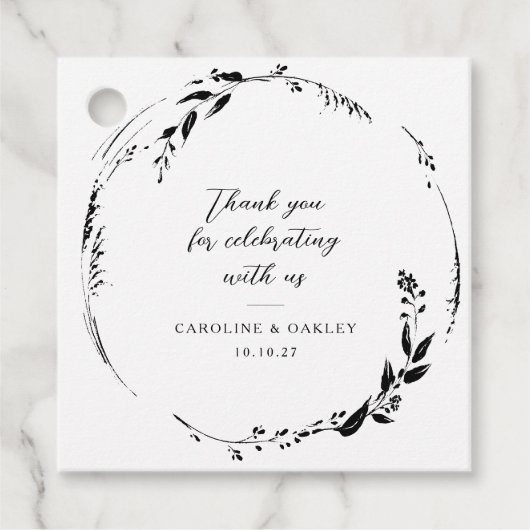 Zwart Wit Bloemen Krans Bruiloft Custom Dank u Bedankjes Labels (Voorkant)