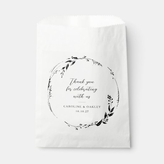Zwart Wit Bloemen Krans Bruiloft Custom Dank u Bedankzakje (Voorkant)