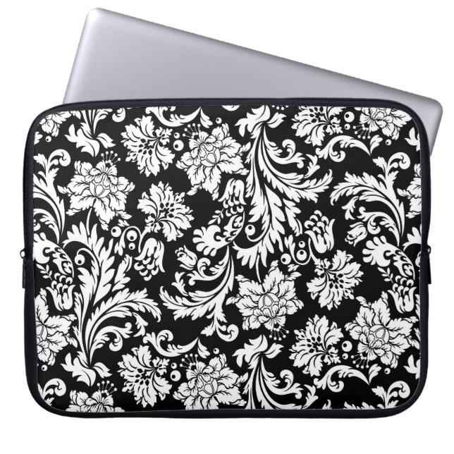 Zwart & Wit  Bloemen Laptop Sleeve (Voorkant)