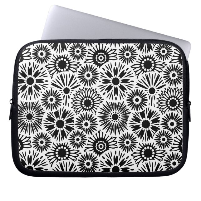 Zwart-wit bloemen Laptophoes Laptop Sleeve (Voorkant)