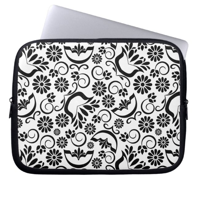Zwart-wit bloemen Laptophoes Laptop Sleeve (Voorkant)