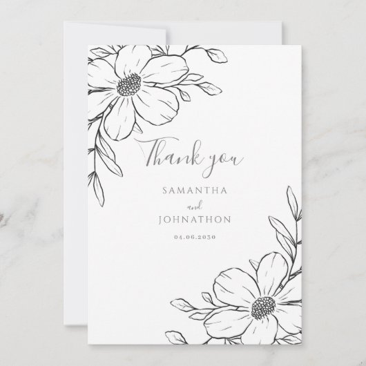 Zwart Wit Bloemen Lijn Tekening Wedding Bedankkaart (Voorkant)