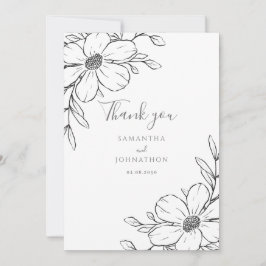 Zwart Wit Bloemen Lijn Tekening Wedding Bedankkaart