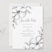 Zwart Wit Bloemen Lijn Tekening Wedding Save The Date (Voorkant)