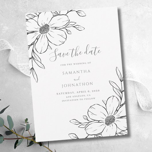 Zwart Wit Bloemen Lijn Tekening Wedding Save The Date