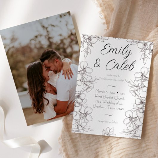 Zwart-wit Bloemen Lijst Foto Bruiloft Kaart