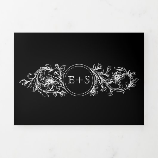  zwart wit bloemen lijst, initialen bruiloft drieluik uitnodiging (Cover)