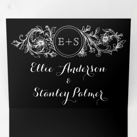  zwart wit bloemen lijst, initialen bruiloft drieluik uitnodiging (Binnenzijde eerst)