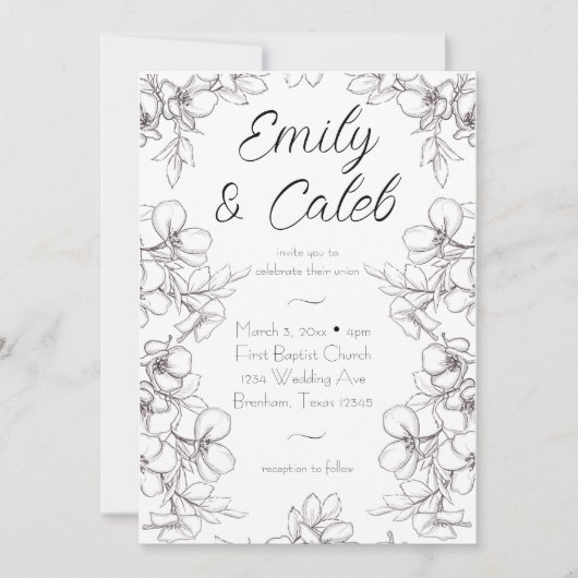 Zwart-wit Bloemen Lijst lijn Art Bruiloft Kaart (Voorkant)