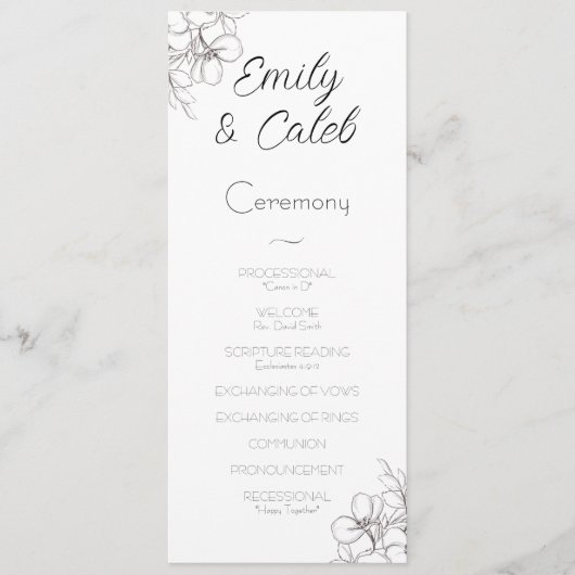 Zwart-wit Bloemen Lijst lijn Art Bruiloft Programmakaart (Voorkant)