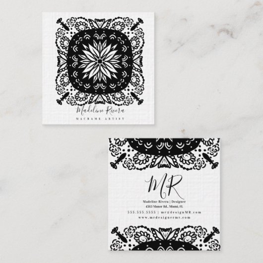 Zwart-wit Bloemen Mandala Yoga Vierkante Visitekaartje (Voorkant / Achterkant)