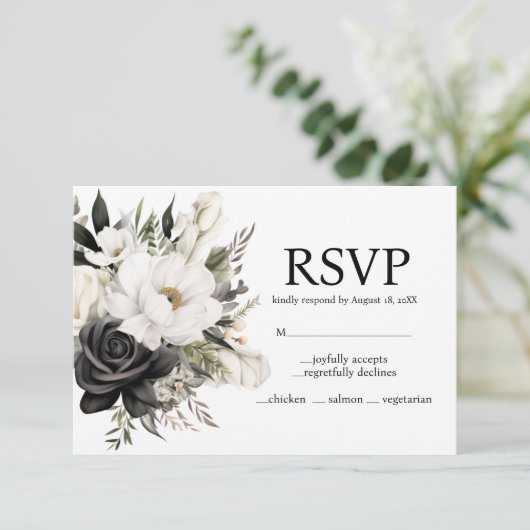 Zwart-wit Bloemen Menu Keuzes RSVP Kaart (Staand voorkant)