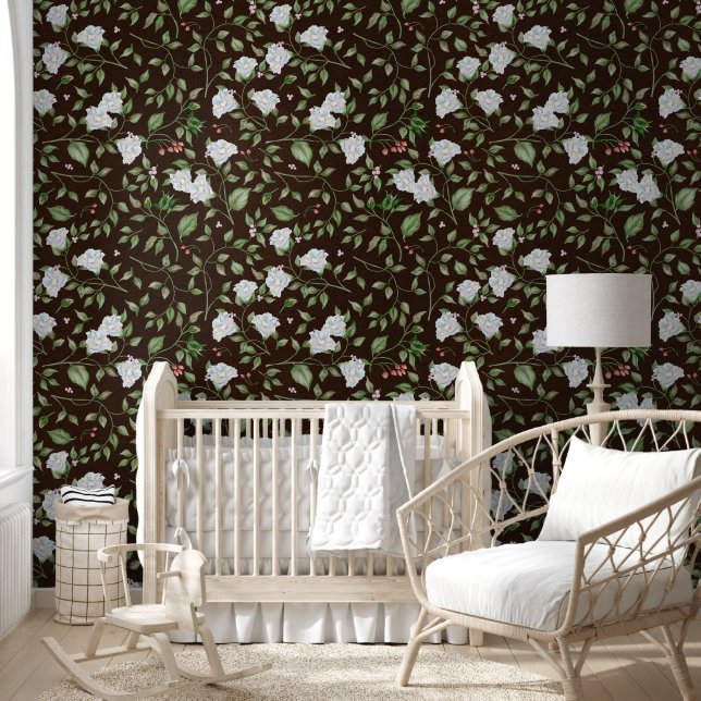 Zwart-wit Bloemen met Groene Bladeren Behang (Kinderen)