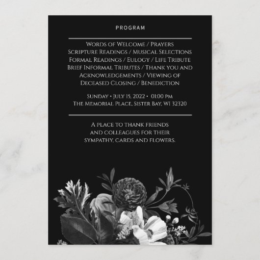 Zwart & Wit Bloemen met Pop van Rode Begrafenis Programmakaart (Achterkant)