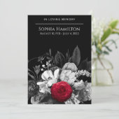 Zwart & Wit Bloemen met Pop van Rode Begrafenis Programmakaart (Staand voorkant)