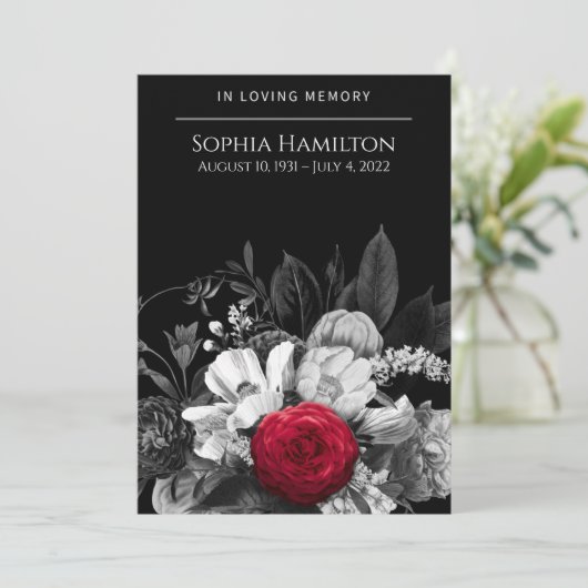 Zwart & Wit Bloemen met Pop van Rode Begrafenis Programmakaart (Staand voorkant)