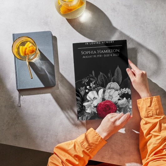 Zwart & Wit Bloemen met Pop van Rode Begrafenis Programmakaart