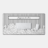 Zwart & Wit Bloemen met Strepen Aangepaste Tekst Bureaumat (Keyboard & Muis)