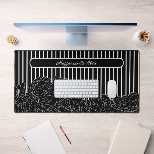 Zwart & Wit Bloemen met Strepen Aangepaste Tekst Bureaumat (Kantoor 1)