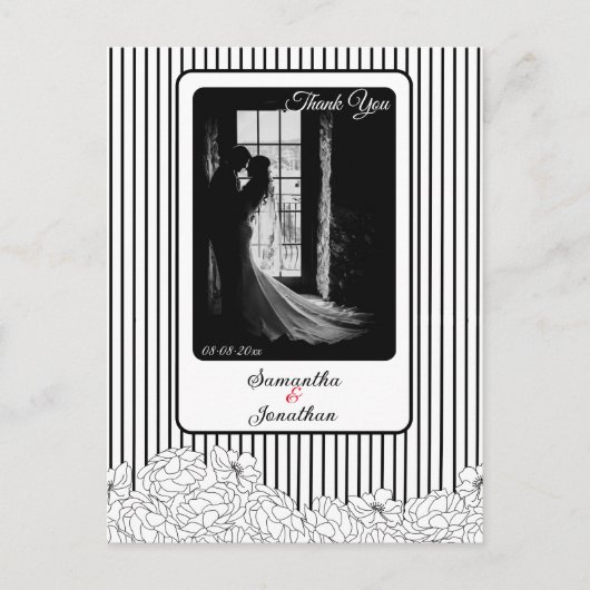 Zwart & Wit Bloemen met Strepen Dank U Briefkaart (Voorkant)