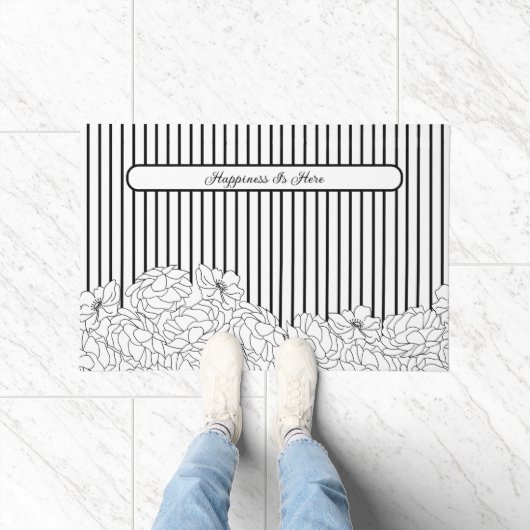 Zwart & Wit Bloemen met Strepen Deurmat (Binnen)