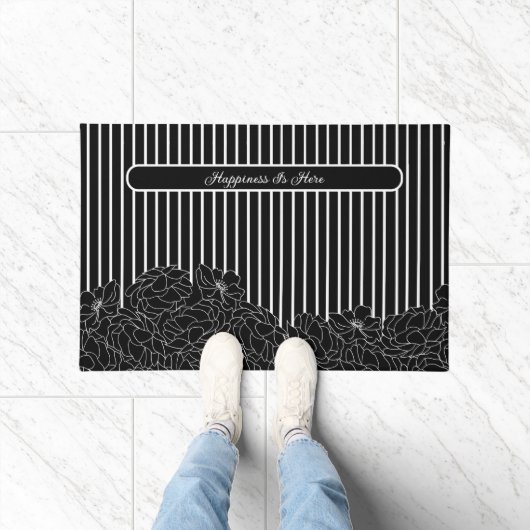 Zwart & Wit Bloemen met Strepen Deurmat (Binnen)