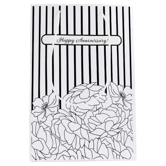 Zwart & Wit Bloemen met Strepen Medium Cadeauzakje (Voorkant)