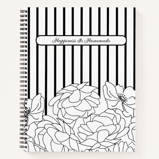 Zwart & Wit Bloemen met Strepen Notitieboek (Voorkant)