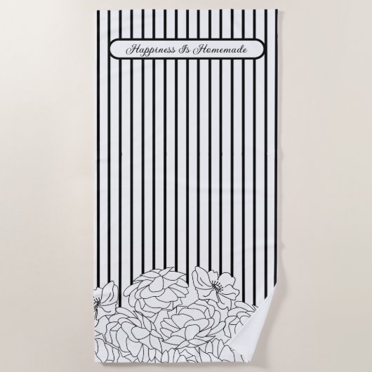 Zwart & Wit Bloemen met Strepen Strandlaken (Voorkant)