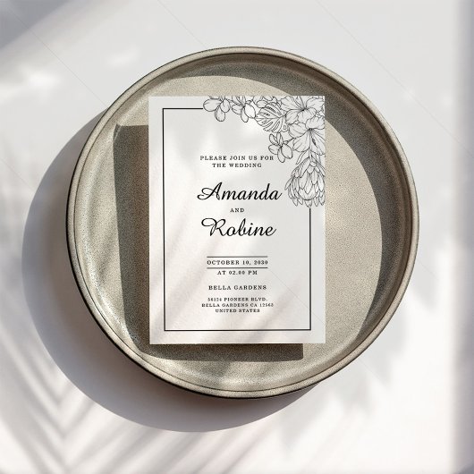 Zwart-wit Bloemen Modern Eenvoudige Huwelijk Kaart