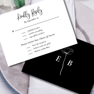Zwart Wit Bloemen Monogram Menu Selectie Trouwen