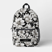 Zwart Wit Bloemen Monogram Naam Camp School Bedrukte Rugzak (Voorkant)