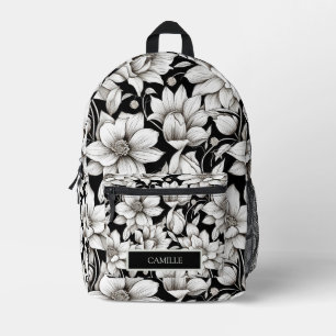 Zwart Wit Bloemen Monogram Naam Camp School Bedrukte Rugzak