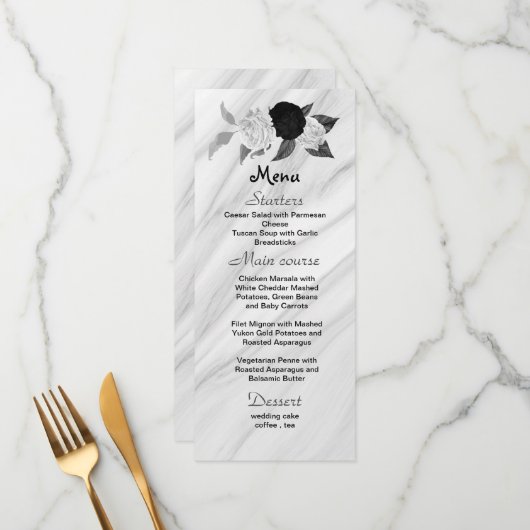 Zwart & wit bloemen mooi bruiloft menu (Voorkant / Achterkant in situ)